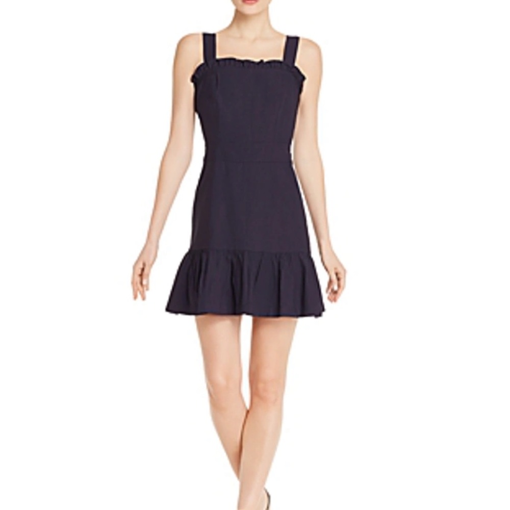 AQUA SLEEVELESS RUFFLE-TRIM DRESS in navy blue size S